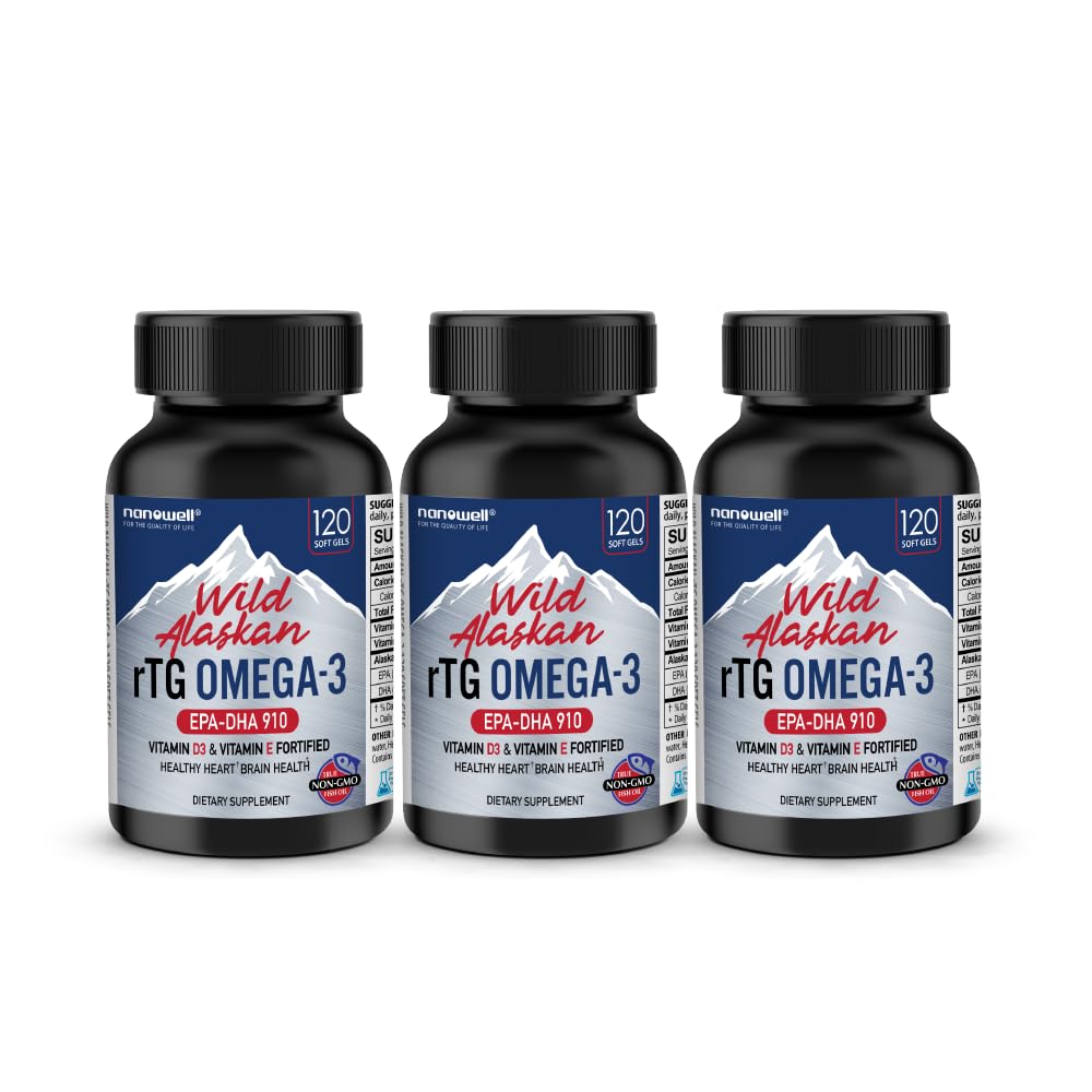 NANOWELL Wild Alaska rTG Omega-3 Fish Oil 1196mg - EPA, DHA, D3- vitamin & E - 120 Softgels x 3 flasker (360 Tæl)