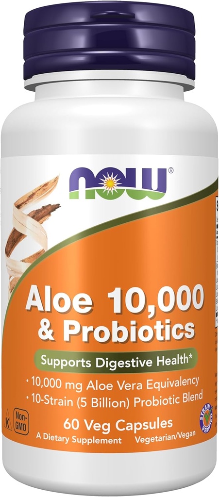 Now Foods Kosttilskud, Aloe 10.000 & Probiotika med 10-stamme (5 milliarder) Probiotisk Blend, 60 Veg kapsler