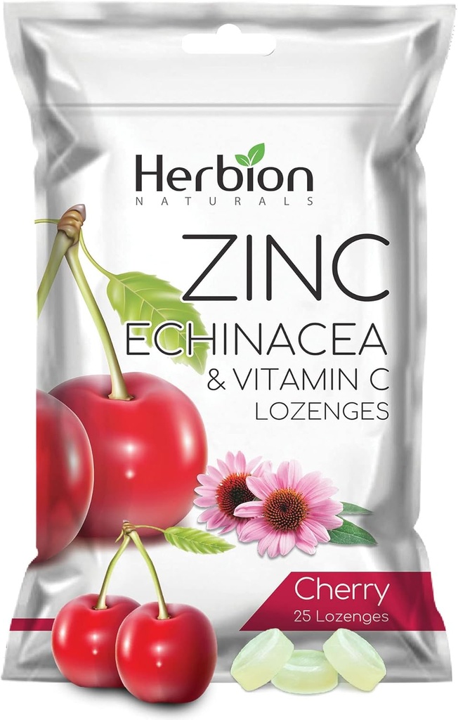 HERBION Naturals Zink, Echinacea & C-vitamin Lozenges 25 CT, Kosttilskud til voksne og børn 5 +, fremmer wellness for hele familien, 25 Greve, Cherry, pakke med 1