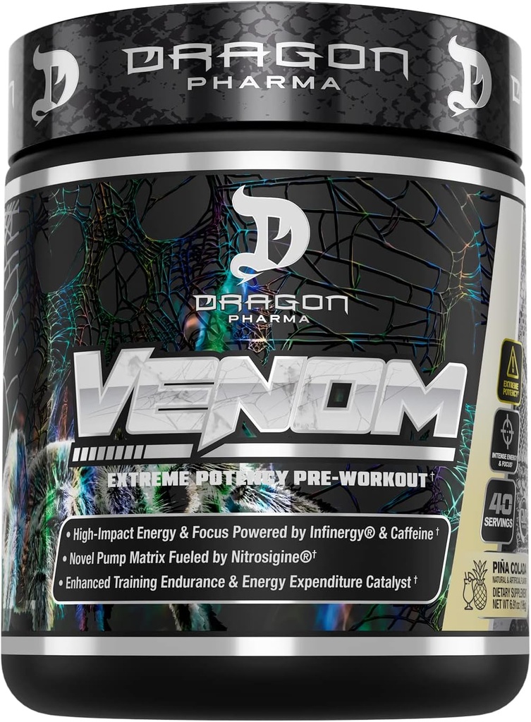 DRAGON PHARMA Venom Extreme Potency Pre- Workout, Laser Sharp Focus + Energy, Intense Performance, Proven Ingredienser til forbedret vasodilation & Endurance (40 Servere, Piña Colada)