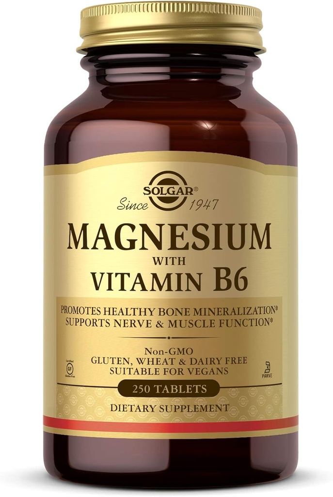 Solgar Magnesium med B6-vitamin, 250 tabletter - fremme sund knoglemineralisering, Support Nerve & Muscle Funktion, Energy Metabolisme - Non- GMO, Vegan, Gluten Free, Dairy Free, Kosher - 83 Serveringer