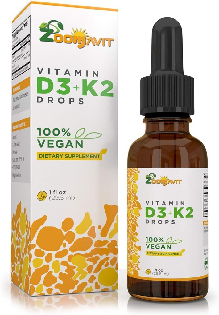 Vegan Liquid Drops D3 K2 (MK7) - 100% Plant Based Liquid Vitamin D Forbedret med kokosolie til Max Absorption - 1 Servering = 1000 IE VIT D3 og 200 mcg VIT K2