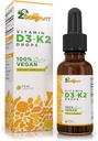 Vegan Liquid Drops Vitamin D3 K2 (MK7) - 100% Plant Based Liquid Vitamin D Enhanced with Coconut Oil for Max Absorption - 1 Serving = 1000 IU VIT D3 and 200 mcg VIT K2