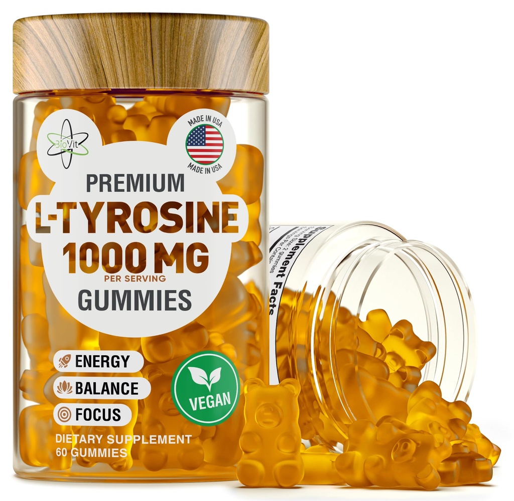 BioVit L Tyrosine Gummies - Activated Amino Acid L Tyrosine Supplement - Natural Focus, Mood and Energy Supplement for Kids & Adults - L-Tyrosine 1000MG per Serving, 500MG per Gummy - 60 Vegan Gummies