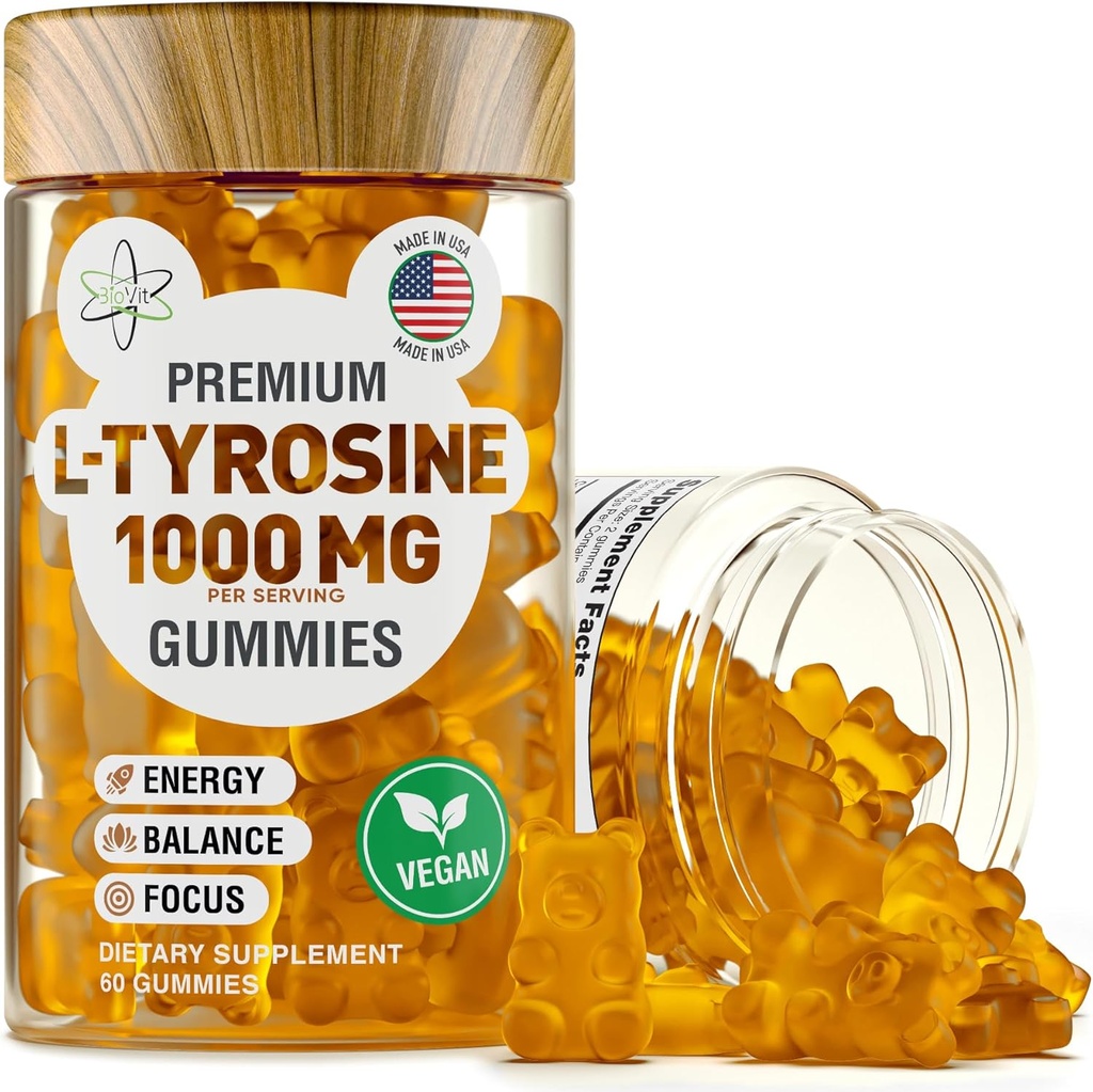 BioVit L Tyrosine Gummies - Aktiveret Aminosyre L Tyrosine Supplement - Naturlig Focus, Mood og Energy Supplement for børn og voksne - L-Tyrosine 1000MG per servering, 500MG per Gummy - 60 Vegansk Gummies
