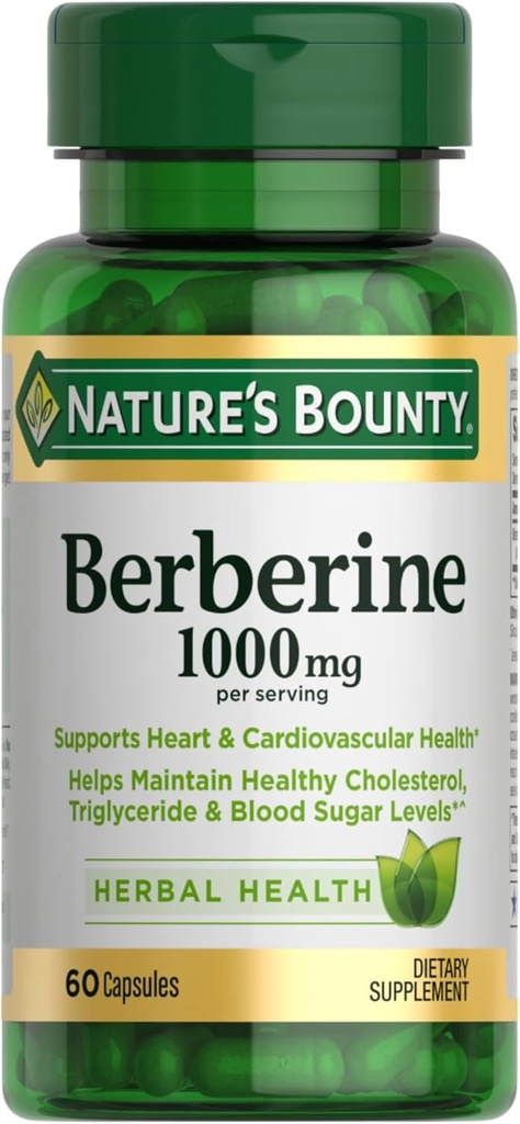 Naturens Bounty Berberine 1000mg kapsler, understøtter hjerte sundhed, Cholesterol & blod sukker niveauer i et normalt område, non-GMO supplement, 60 Tæl