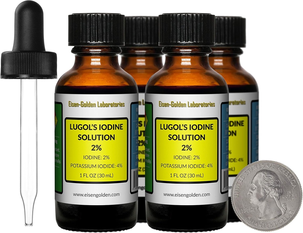 Lugol 's Jod / 2% opløsning / 4 Oz i Four Amber glasflasker / Free Droppers / USA
