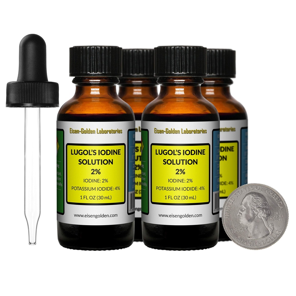 Lugol 's Jod / 2% opløsning / 4 Oz i Four Amber glasflasker / Free Droppers / USA