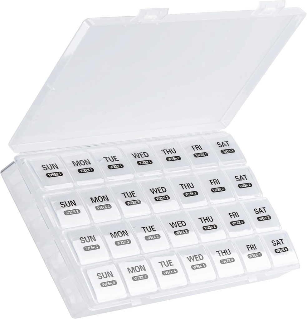 Månedlig Pill Organizer, 28 dag Pill Box 1 tid en dag med støv- bevis sag, Store 4 uger en måned Pill Case Container, Daglig Vitamin Case Box for piller / Medicin / Fish Oil / Supplements