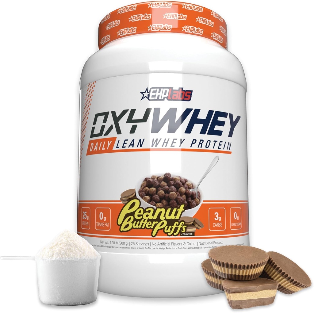 EHP Labs Oxywhey Whey Protein Isolate - 25g High Protein, Low Carb, Sugar Free Meal Erstatning - Lean Whey Powder for Muscle Recovery - Non-GMO, Gluten Free - 25 Serves - Peanut Butter Puffs