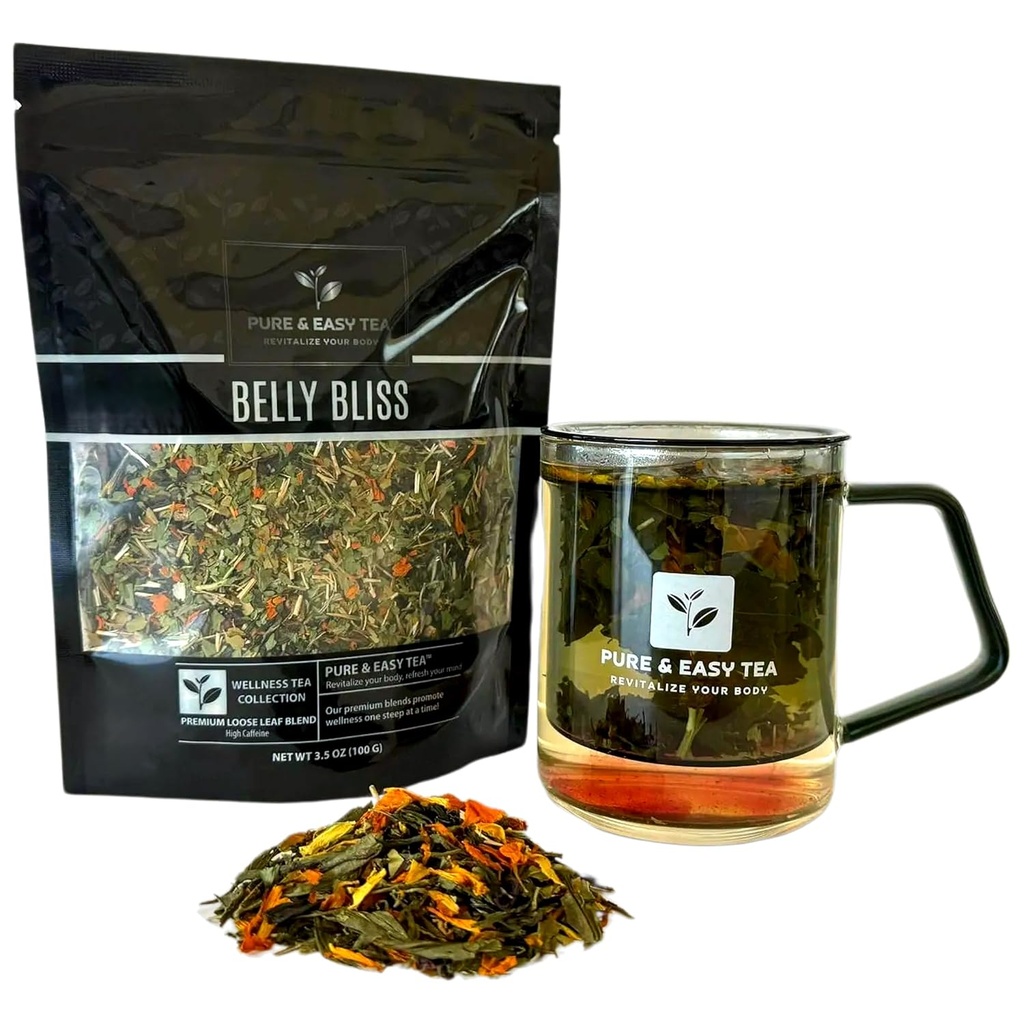 Ren og nem te, Belly Bliss, Natural Detox & Bloating Relief Tea, 100% Natural Loose Leaf Slimming Blend med Yerba Mate, Mælkebøtte Leaf, Caffeined, 30-Day Supply, 100g
