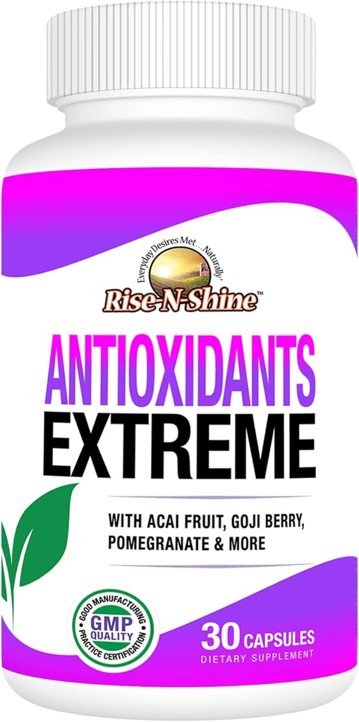 Rise- N- Shine Antioxidants Extreme Supplement med Acai, Goji Berries, Noni, Mangosteen, Pomegranat, Resveratrol, Elderberry og mere 30 Greve
