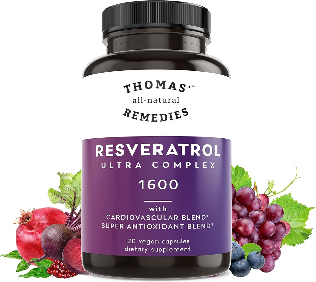 Thomas 'all- Natural Remedies Resveratrol 1600mg Organic Trans- Resveratrol Antioxidant Supplement med Organic Grape Seed Extract og Quercetin- Anti- Aging og Kardiovaskulær Support - 120 Kapsler