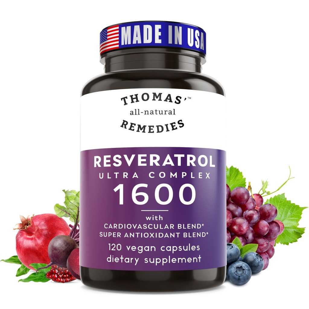 Thomas 'all- Natural Remedies Resveratrol 1600mg Organic Trans- Resveratrol Antioxidant Supplement med Organic Grape Seed Extract og Quercetin- Anti- Aging og Kardiovaskulær Support - 120 Kapsler