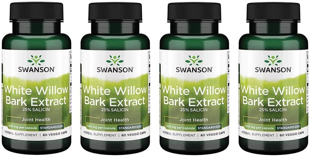 Swanson Maksimum Styrke Hvid Willow Bark Ekstract- fremmer fælles støtte & Muscle Relief- Standardiseret til 25% Salicin- Natural Supplement med ingen Mave Irritation (60 Veggie Caps, 500mg Hver) 4 Pack