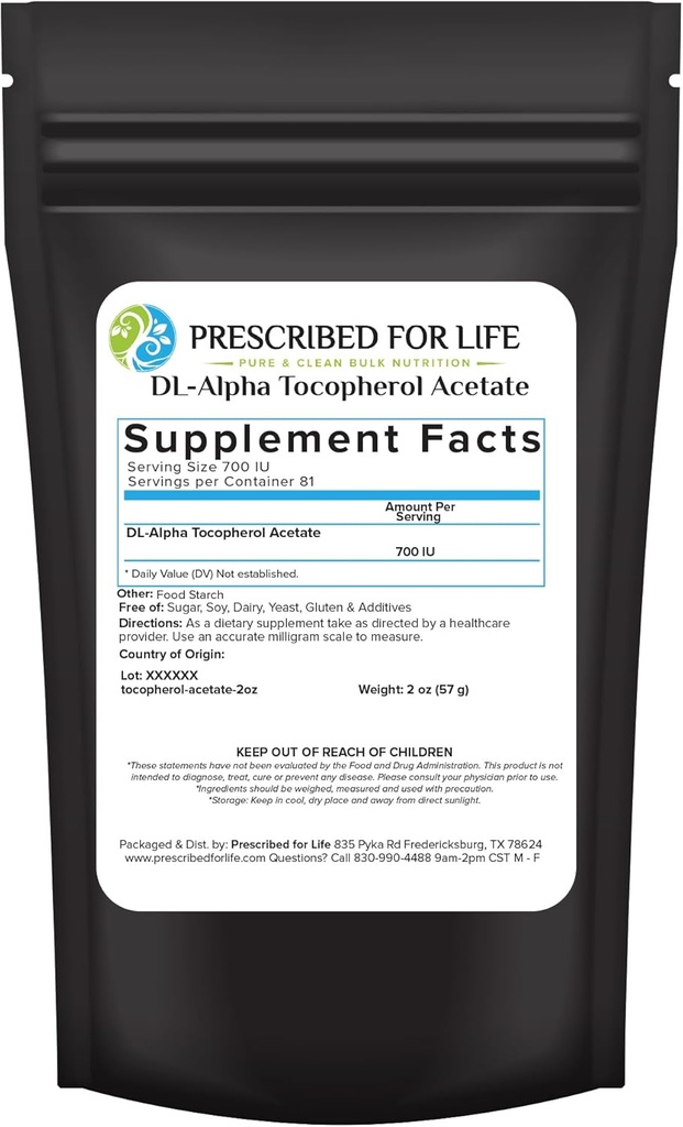 Præskrevet for Life Tocopherol Acetat Powder, Vand Opløselig Alpha Vitamin E, 700 IE gm Powder, Vegan, Gluten Free, Non GMO (2oz / 56g)