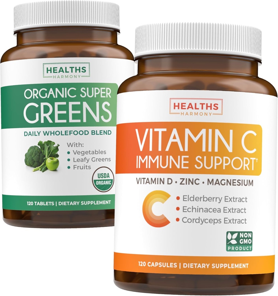 Super Greens & Vitamin C (2-måned Supply) Super C Greens Bundle of Organic Super Greens Powder - Komplet Superfood (120 kapsler) & & C-vitamin Immunstøtte (120 vegetariske kapsler)