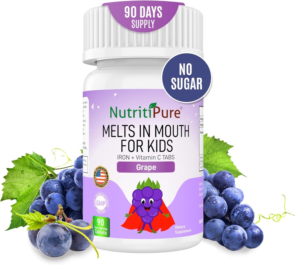 Kids Chewable Iron Supplement, Ferronyl ® Carbonyl Iron 9 mg, C-vitamin 30 mg, Grape Flavor, 90 tabletter (1 flaske)