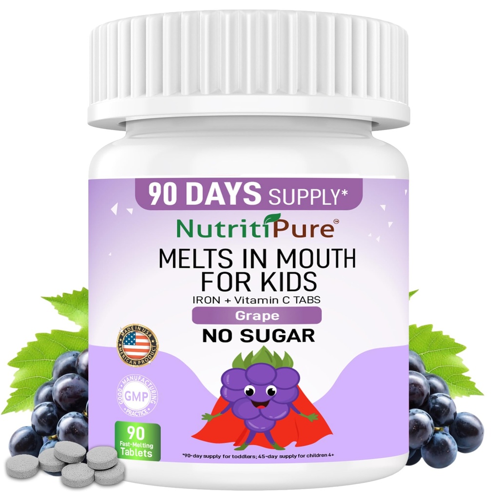 Kids Chewable Iron Supplement, Ferronyl ® Carbonyl Iron 9 mg, C-vitamin 30 mg, Grape Flavor, 90 tabletter (1 flaske)