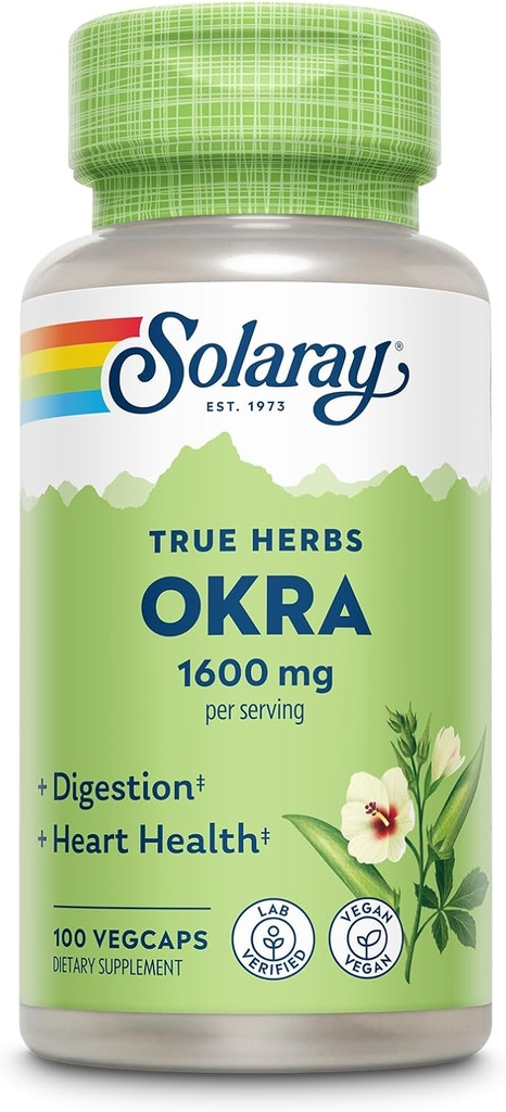 SOLARAY Okra Fruit 1600 mg - High Fiber Supplement for Wellness Support - Rich Source of Opløselige Fiber - Ækvivalent med 6,4 g Fresh Okra per Serving, Vegan, 60- Day Garanti - 25 Servere, 100 VegCaps
