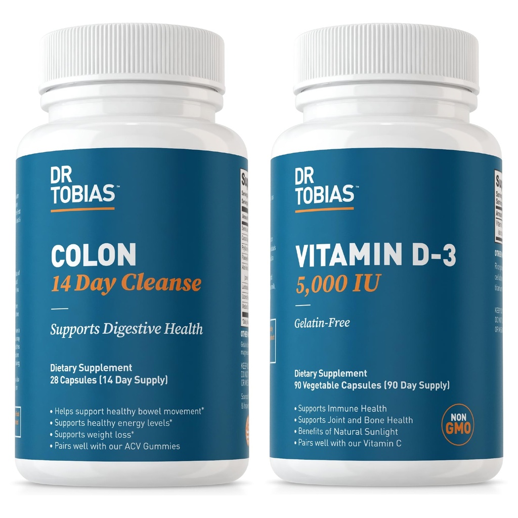Dr. Tobias Colon 14 dages rengøring og D3- vitamin 5000 IE understøtter total sundhed, immunsystem og fordøjelsessystem. Ikke-GMO Gut Rensning og Vitamin til mænd og kvinder.