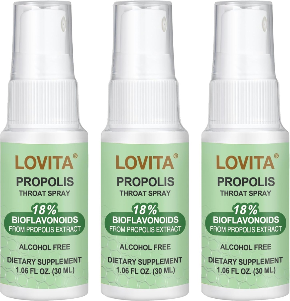 Lovita Propolis Throat Spray, Canadian Propolis Spray, High Potent 500 mg Propolis per ml med 9: 1 Høj koncentration, Natural Sore Throat Spray for immunforsvar, Alkohol- Free, 1 Fl Oz (Pack of 3)