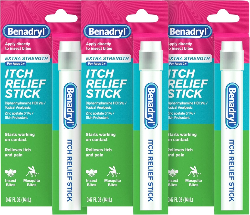 Benadryl Extra Strength Anti-Itch Relief Stick, Bug Bite Itch Relief, Diphenhydramine HCl Topical Analgesic & Zinc Acetate Skin Protectant, Great for Camping Essentials, 0.47 fl oz (Pack of 3)