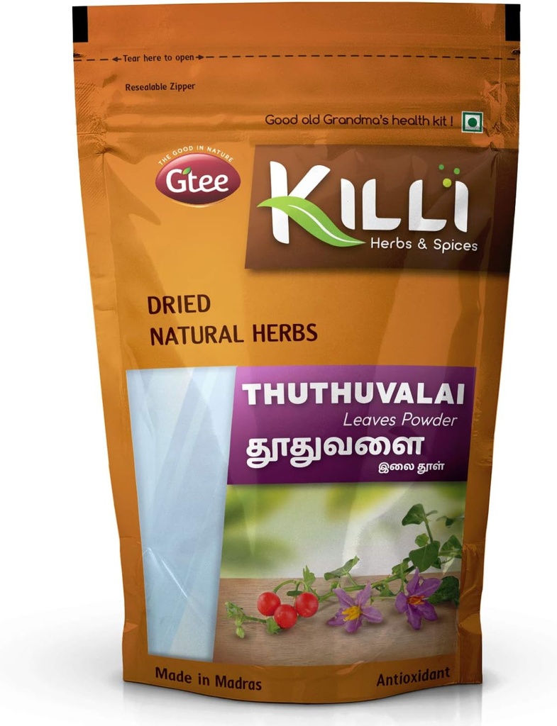 KILLI Thuthuvalai sp. 124; klatring Brinjal sp. 124; Solanum trilobatum sp. 124; Kantakari blade pulver, 100g