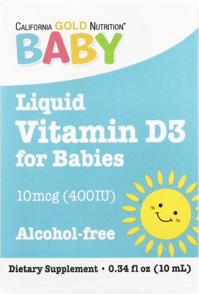 California Gold Nutrition Baby Vitamin D3 Liquid D3 Supplement til Babyer, Vegetarisk Friendly - Udviklingsstøtte - Alkohol & Gluten Free, Non- GMO - 10 mcg (400 IE) - 0,34 fl oz (10 ml)