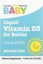 California Gold Nutrition Baby Vitamin D3 Liquid D3 Supplement til Babyer, Vegetarisk Friendly - Udviklingsstøtte - Alkohol & Gluten Free, Non- GMO - 10 mcg (400 IE) - 0,34 fl oz (10 ml)