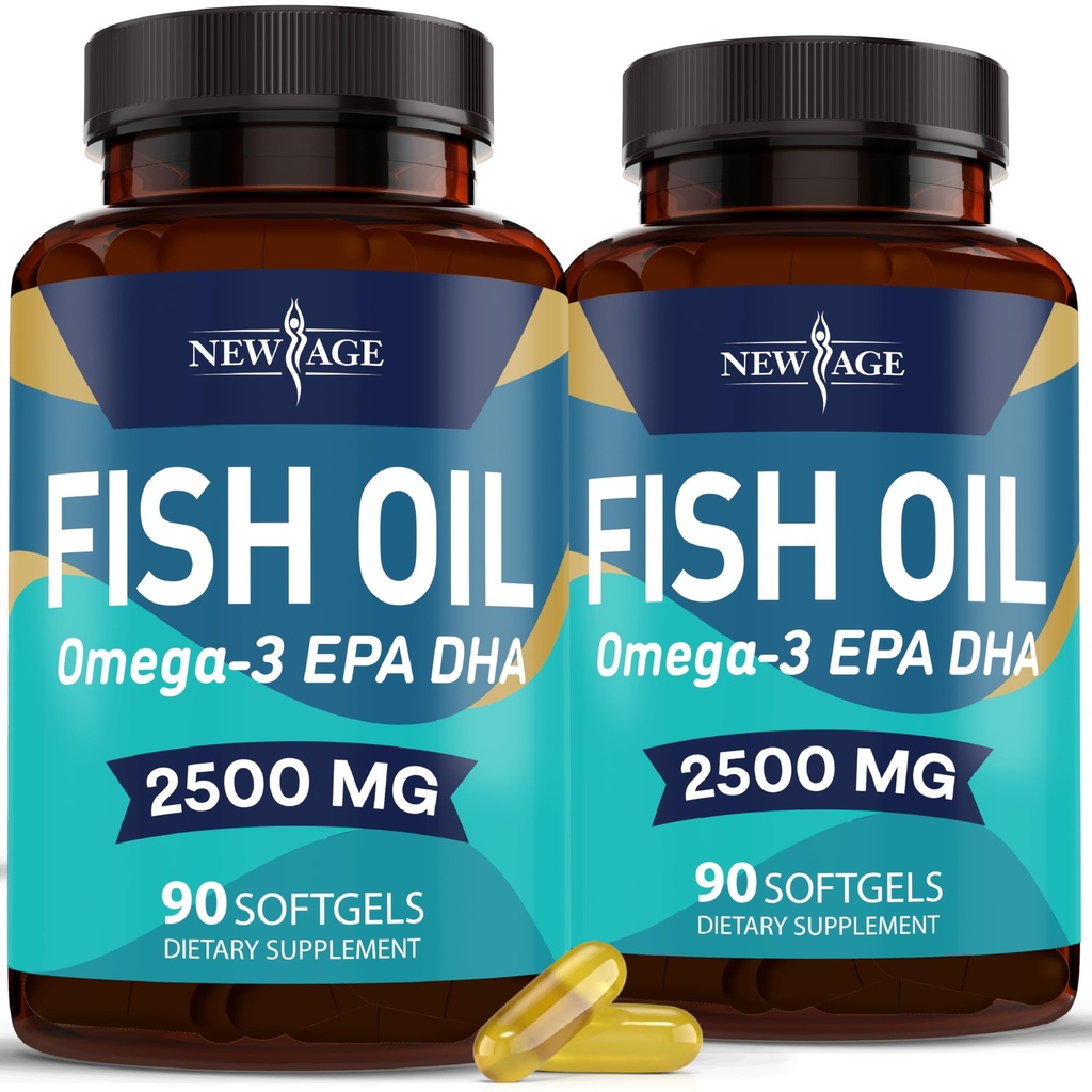 NEW AGE Omega 3 Fish Oil 2500mg Supplement Non GMO - EPA, DHA fedtsyrer Gluten Free (180 Softgels (pakke med 2))