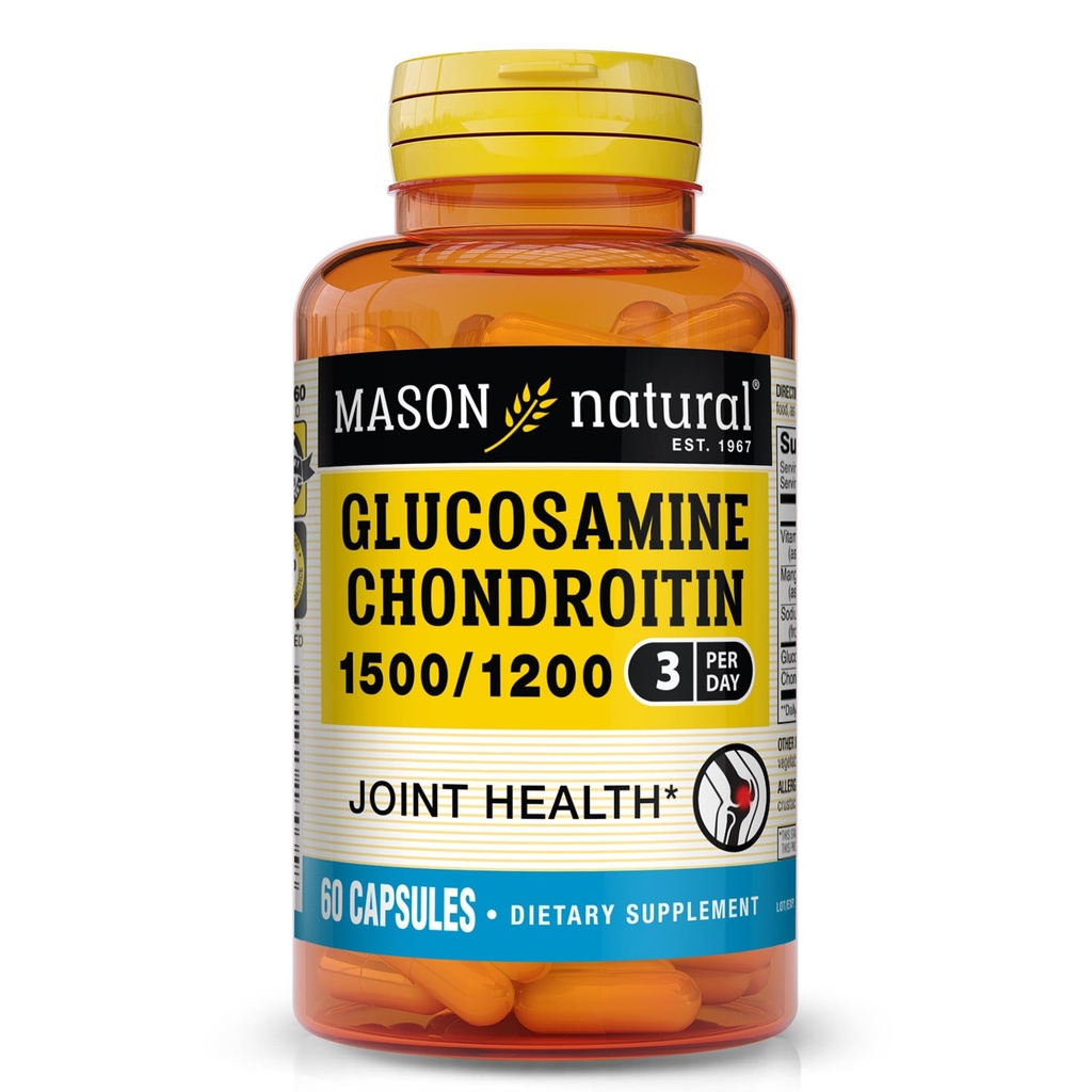 MASON NATURAL Glucosamin Chondroitin 1500 / 1200 med C-vitamin, understøtter fælles sundhed for normal fleksibilitet og mobilitet *, 60 kapsler