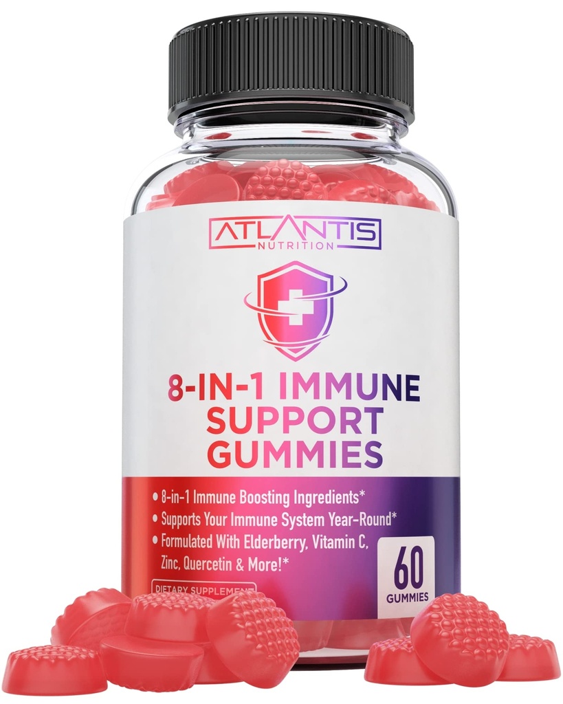 Atlantis Nutrition 8- in-1 Immunity Support Gummies with Elderberry ttesmå 124; immunsupplement med Elderberry, Quercetin, Zink, C-vitamin - Immunity Boostere til voksne & Børn - Lækker Flavor - 60 Greve