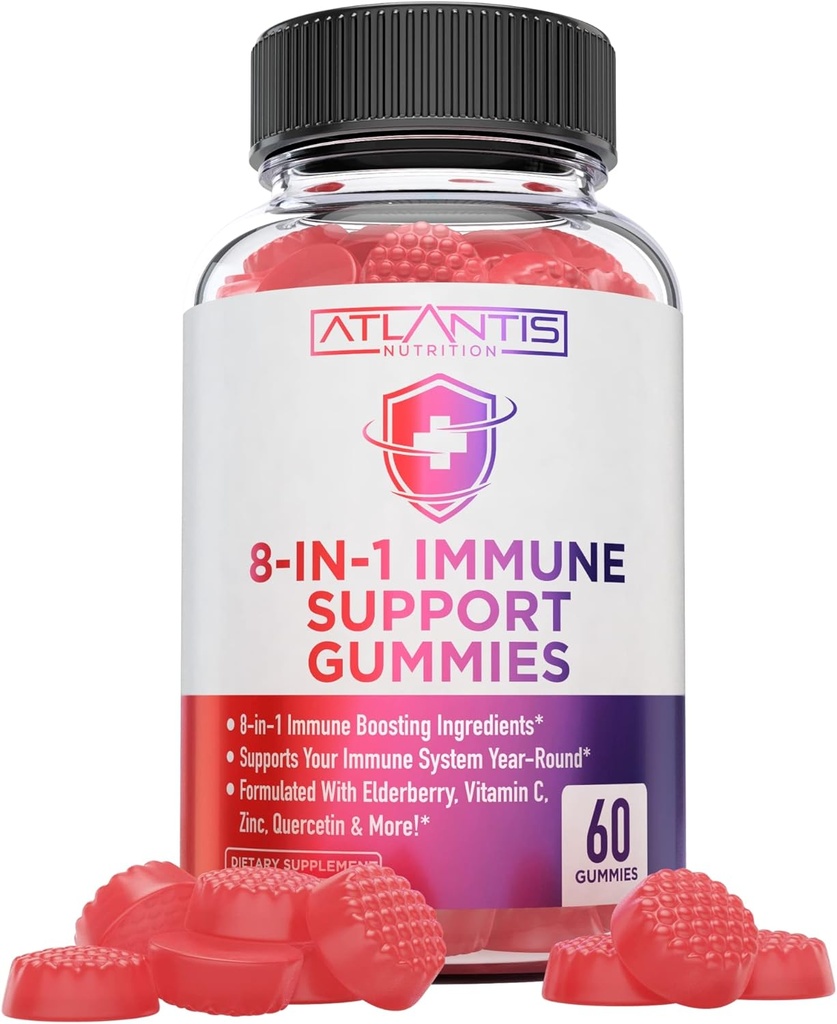 Atlantis Nutrition 8- in-1 Immunity Support Gummies with Elderberry ttesmå 124; immunsupplement med Elderberry, Quercetin, Zink, C-vitamin - Immunity Boostere til voksne & Børn - Lækker Flavor - 60 Greve