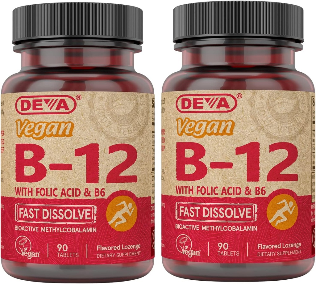 DEVA Vegan Vitamin B12 Fast Opløs Supplement - Once- Per- Day Complex med 1000 Mcg Methylcobalamin B12, Folsyre, B6 - Lemon Flavor - 90 opløselige tabletter, 2 - Pack
