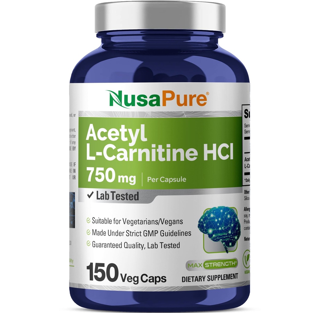 NusaPure Acetyl L- Carnitin 750mg per Caps 150 Veggie Kapsler (ikke- GMO, Vegan) High Potency Acetyl L Carnitin HCL (ALACAR)