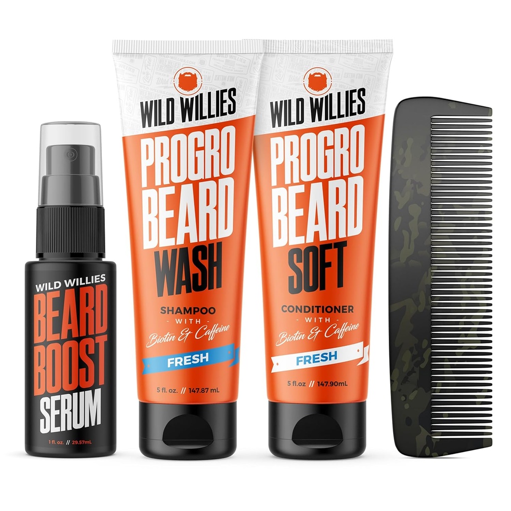 Wild Willies Beard Care Kit, Biotin befæstede Shampoo og Conditioner med koffein, To 4-Oz Flasker, fremmer sund skæg vækst