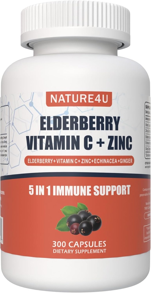 5 i 1 Elderberry immunsupport, Daglige immunboostere til voksne Antioxidanter Supplement, Elderberry 1000 mg, C-vitamin, zink, Echinacea, Ingefær, 300 Vegankapsler - 5 måneder