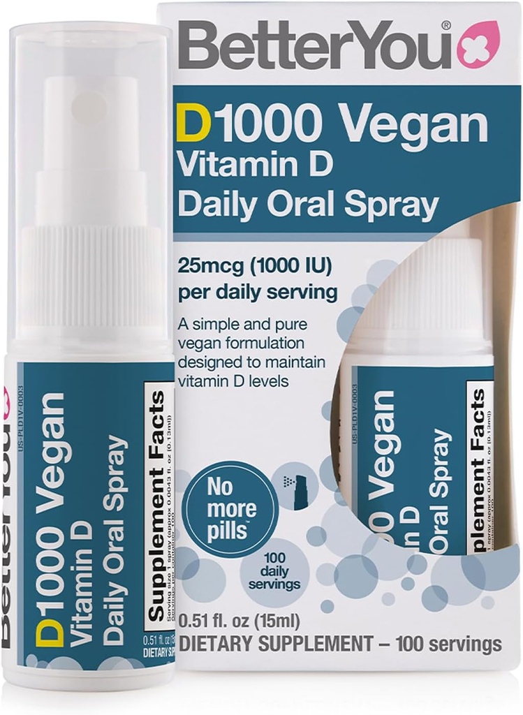 BetterYou D1000 Vegansk Vitamin D Oral Spray - Praktisk alternativ til tabletter - Plant- Oprindelse - fremmer stærke knogler, tænder og immunsystem - Støtte i Calcium Absorption - 100 daglige doser - 0,5 oz