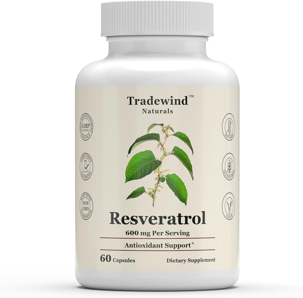 Resveratrol 600mg - Vegan - Non- GMO - Støtte sund aldring og hjerte-kar-sundhed - rig på antioxidanter - 60 vegetabilske kapsler
