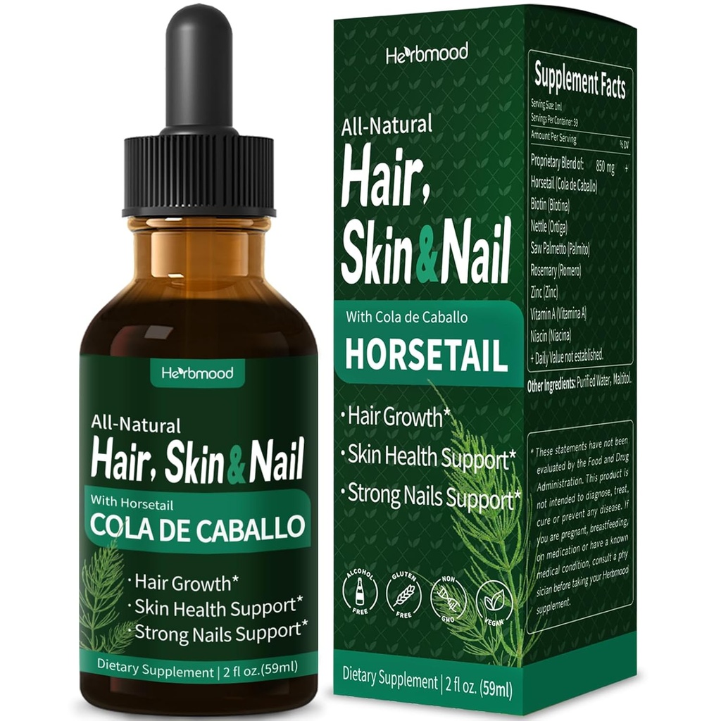 Horsetail Hair, Skin & Nail Liquid Drops, Cola de Caballo, Biotina y Romero, Vitaminas Gotas para el Cabello Uñas y Piel, Hair Growth Supplements for Women w/Rosemary Extract. 2oz
