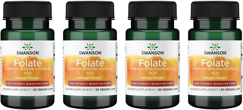 Swanson Folate 5- Methyltetrahydrofolinsyre - høj potens, Bioactive Form 800 mcg Dfe 30 Veg Caps (4 Pack)