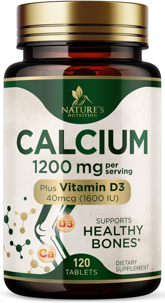 Calcium 1200 mg with Vitamin D3 - Bone Health Supplement, Vitamin D & Calcium Supplements for Women & Men - Bone Strength, Teeth & Immune Support, Nature's Calcium Pills, Bottled in USA - 120 Tablets