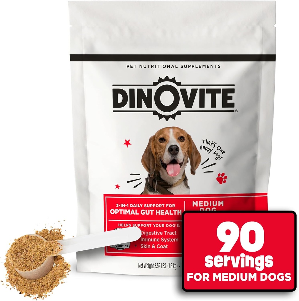 Dinovite 3 i 1 Probiotika til mellemstore hunde, Hud & Coat, fordøjelsesbesvær og fælles relief, hund fødevarer toppers, immunforsvar, Allergi Relief & Itch Relief hudpleje, 90 Servering (18- 45lb)