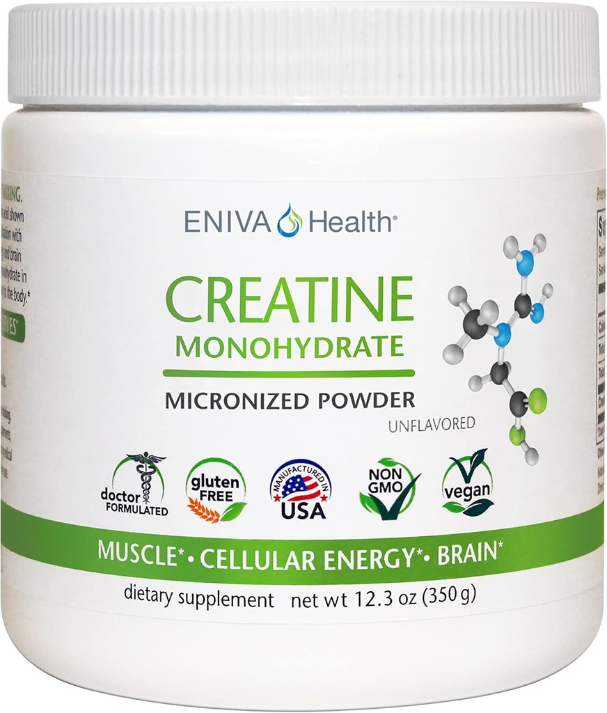 Eniva Health Creatinine Monohydrat Powder, Amino Acid, Mikroniseret Powder, 70 Servere 5 G 12,3 oz, Muskelstøtte, Muskelvækst, Cellular Energy, Kognitiv Focus, Ultra- Pure, Pharmaceutical Grade