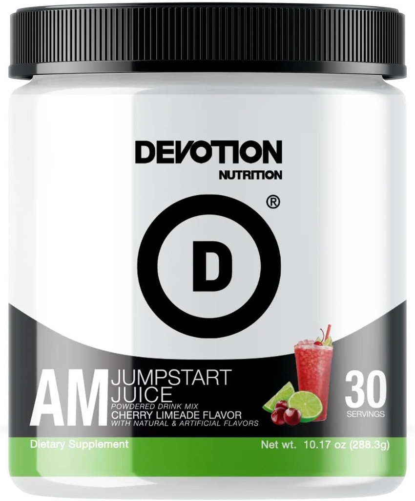 Hengivenhed Nutrition AM JumpStart Juice Note 124; Pulveriseret drik mix Supplement 124; Essential Aminos & Nootropics for Cognitive Function & Fokus124; 30 Serveringer (Cherry Limeade)