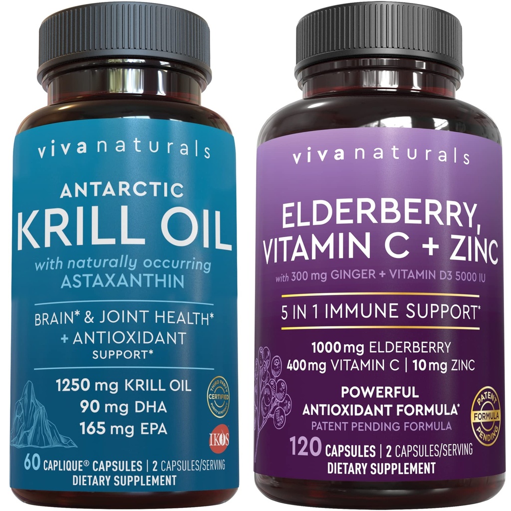 Viva Naturals Antarktis Krill Oil og Elderberry, C-vitamin, Zink og D-vitamin 5000 IE Bundle, 1250 mg af Krill Oil giver Omega 3 EPA og DHA for fælles sundhed, Elderberry for immunforsvar