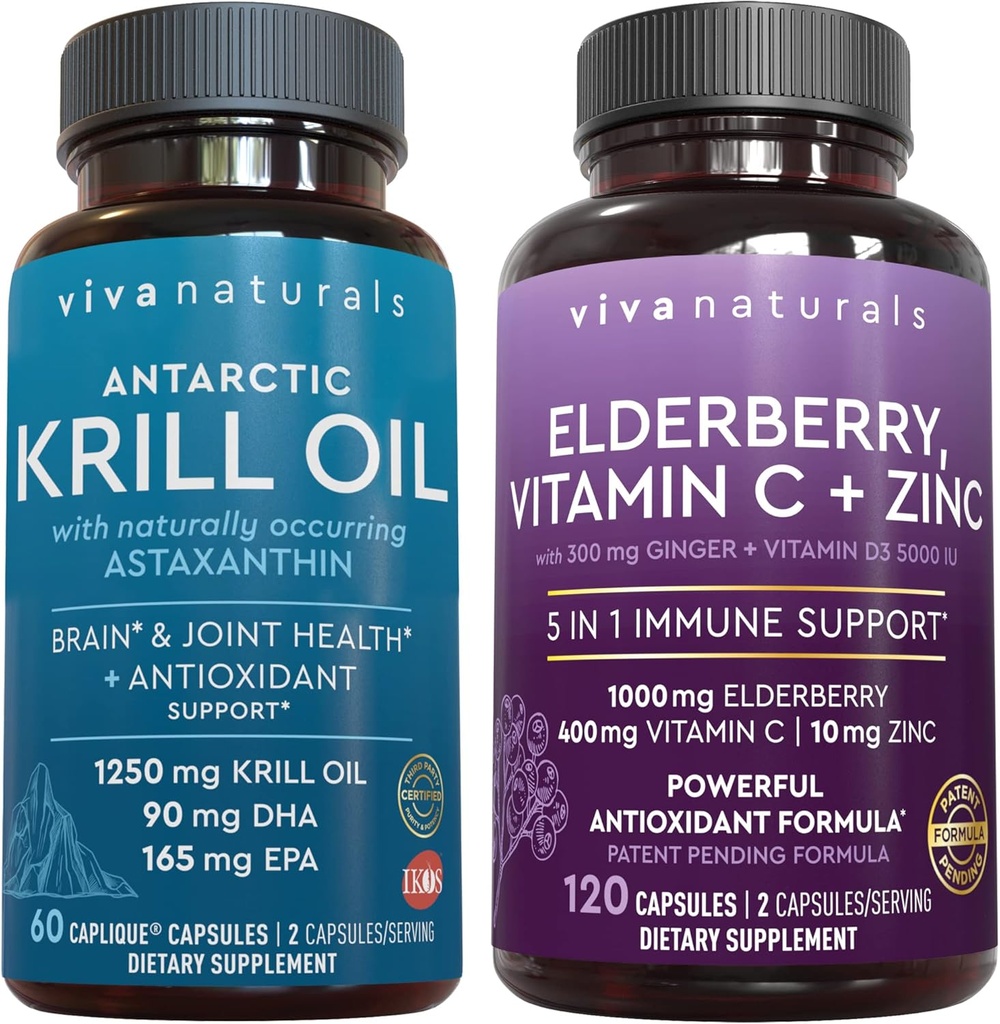 Viva Naturals Antarktis Krill Oil og Elderberry, C-vitamin, Zink og D-vitamin 5000 IE Bundle, 1250 mg af Krill Oil giver Omega 3 EPA og DHA for fælles sundhed, Elderberry for immunforsvar