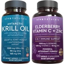 Viva Naturals Antarktis Krill Oil og Elderberry, C-vitamin, Zink og D-vitamin 5000 IE Bundle, 1250 mg af Krill Oil giver Omega 3 EPA og DHA for fælles sundhed, Elderberry for immunforsvar