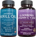 Viva Naturals Antarktis Krill Oil og Elderberry, C-vitamin, Zink og D-vitamin 5000 IE Bundle, 1250 mg af Krill Oil giver Omega 3 EPA og DHA for fælles sundhed, Elderberry for immunforsvar